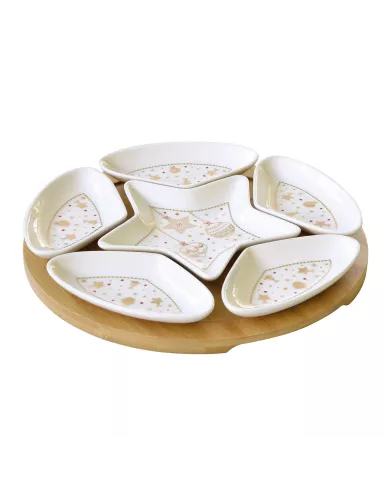 Set apéritif Ø 25 cm avec 6 bols en porcelaine et base en bambou CHRISTMAS LIGHTS