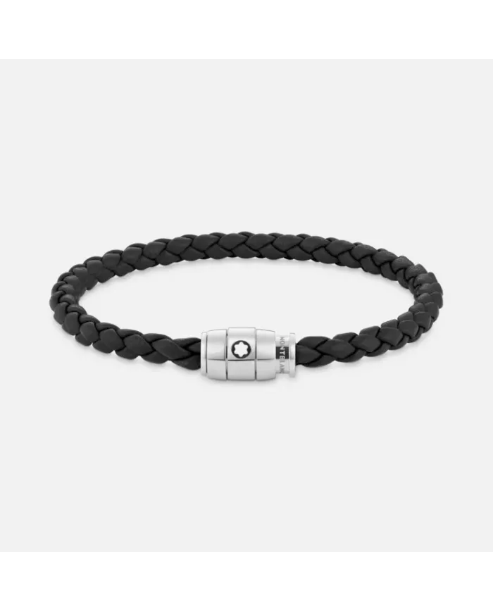 Bracelet en acier et cuir noir avec fermeture à 3 anneaux