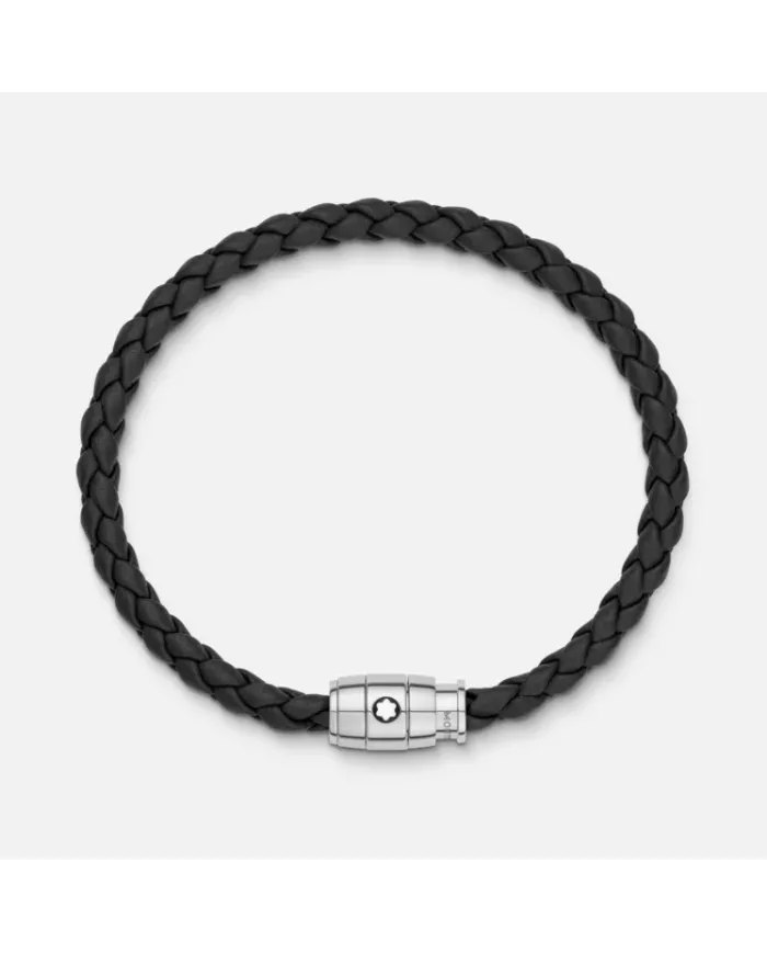 Bracelet en acier et cuir noir avec fermeture à 3 anneaux